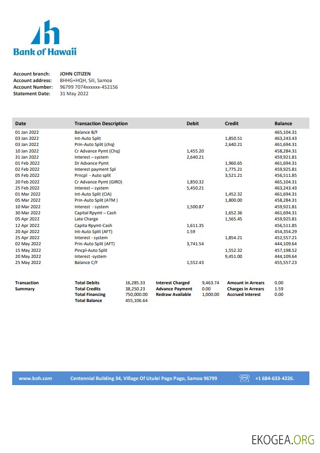 Relevé bancaire de la Samoa Bank of Hawaii template Relevé bancaire de la Samoa Bank of Hawaii template
